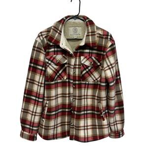 Sherpa Plaid Shacket Jacket M Red Tan Cream Cabincore Rustic Cozy Layer Outdoors